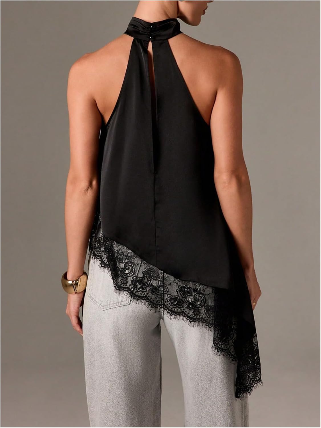 SweatyRocks Women's Lace Patchwork Asymmetrical Halter Top Dressy Sleeveless Flowy Tank Tops - Image 3