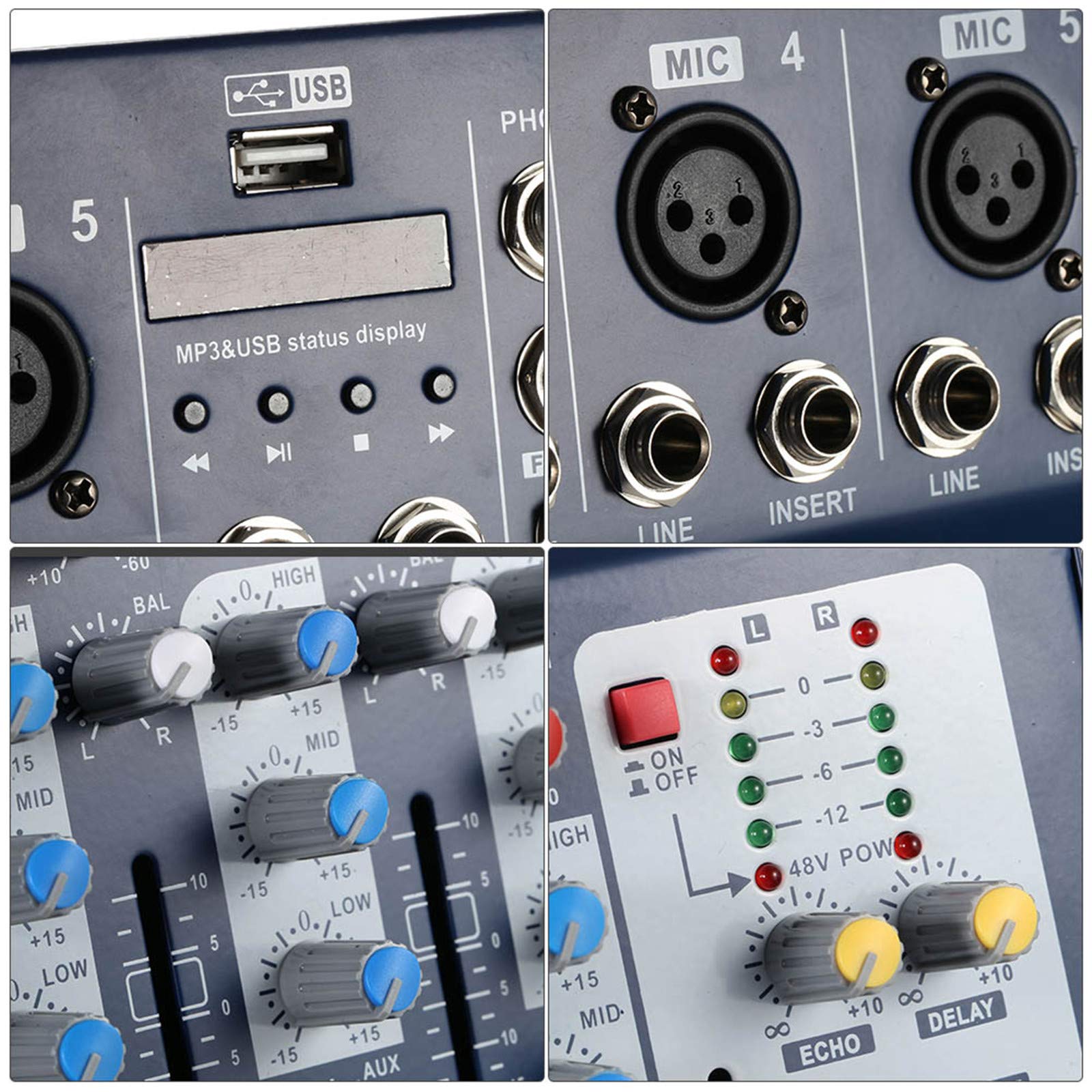 AFYH Bureaux de mixage de Studio, Console de mixage Audio de Ligne de Micro numérique à 7 canaux avec entrée USB Égaliseur à 3 Bandes pour l'enregistrement de la Musique de karaoké sur scène DJ