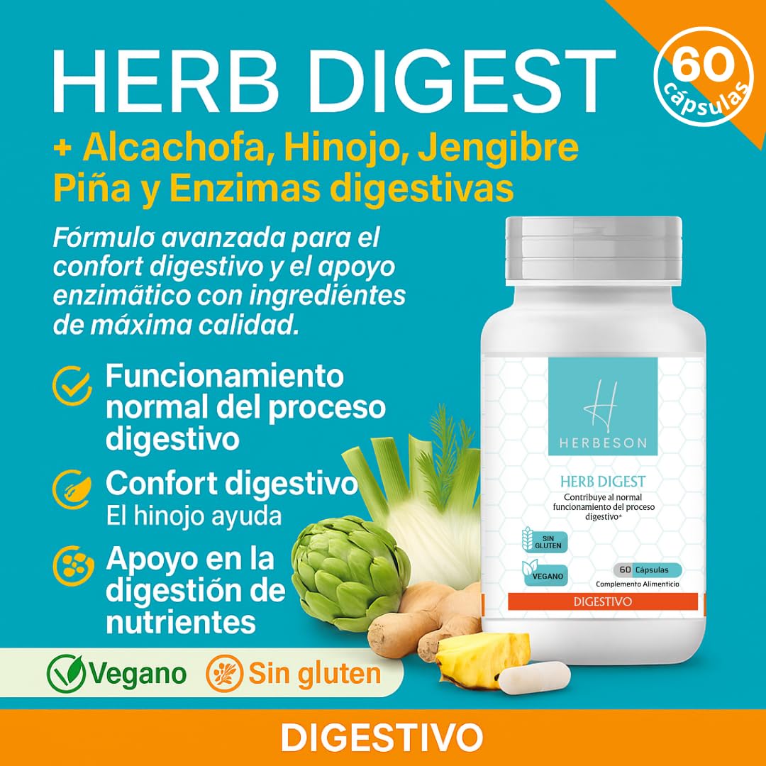 Confort digestivo y vientre plano con Alcachofa, Hinojo y Jengibre – HERBESON HERB DIGEST | Complemento vegano sin gluten con enzimas digestivas y Piña – 60 cápsulas (60)