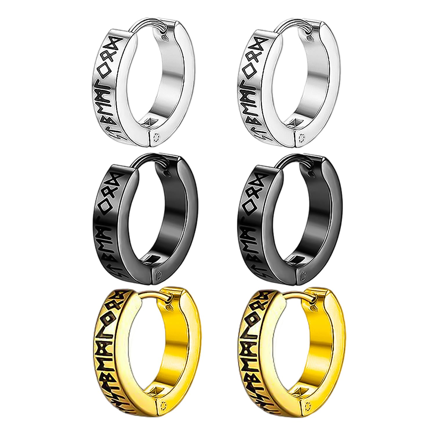 NYGGTYK 3 pares de pendientes vikingos retro de acero inoxidable con runas nórdicas personalizadas para hombres y mujeres (negro, acero, oro), Titanio