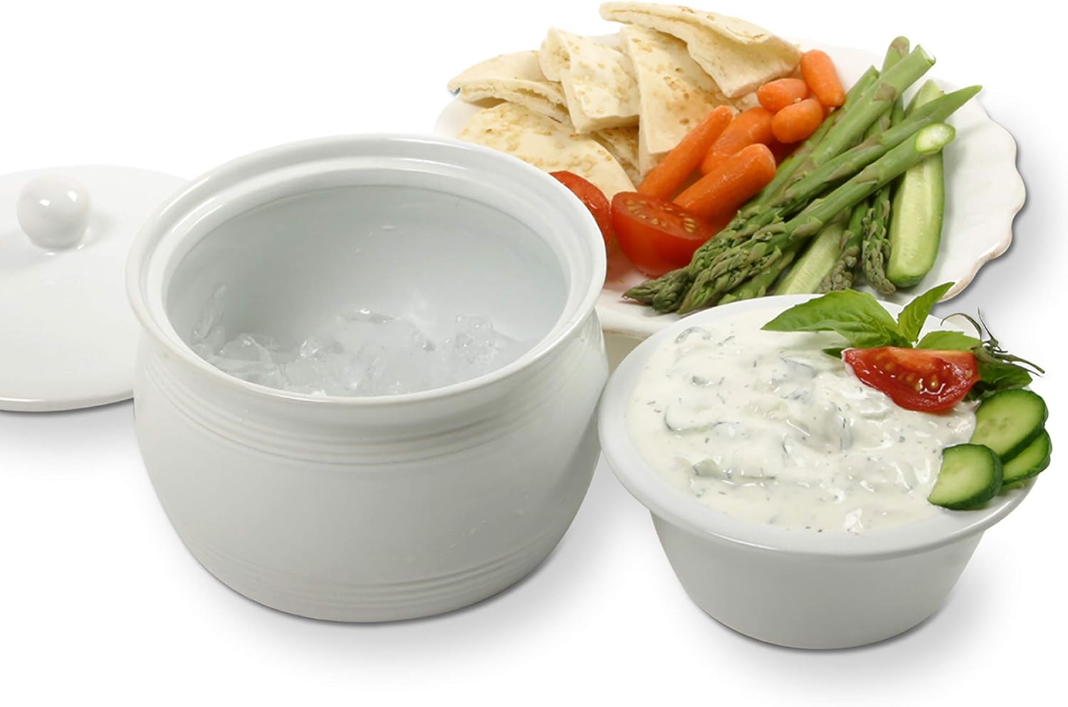 Exclusive Norpro 3 Piece Stoneware Stay Cool Warm Dip Server Set, 1.5c/12oz, White