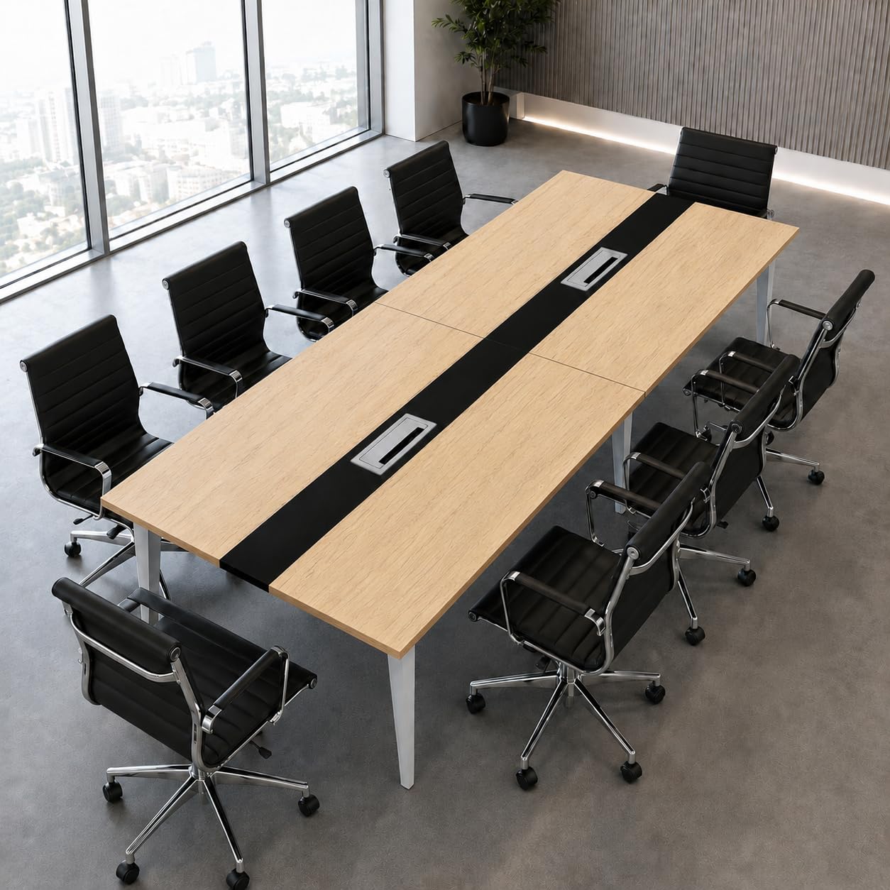 Mesa de Conferencias 8ft para 6-10 Personas, Mesa de Reuniones Grande con Pasacables, Escritorio Grande Rectangular con Estructura de Metal para Oficina y Sala de Ju Natural Wood + Black 240x120x74cm