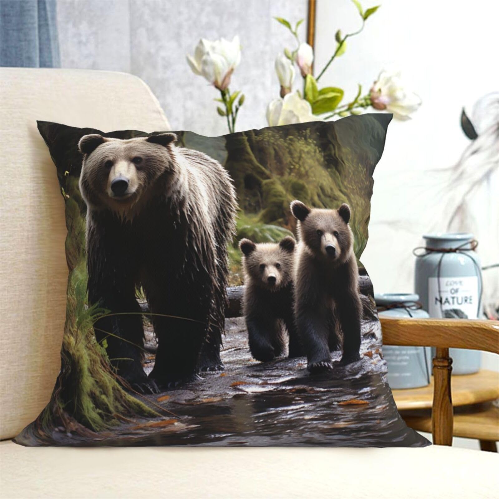 Fodpand Black Decorative Throw Pillow Covers 12"X12" Mother Bear And Her Cubs Cushion Cases Square Modern Farmhouse Pillow Cases Soft Cozy Cushion Covers For Couch Sofa Bedroom Home Decor Pillowcase