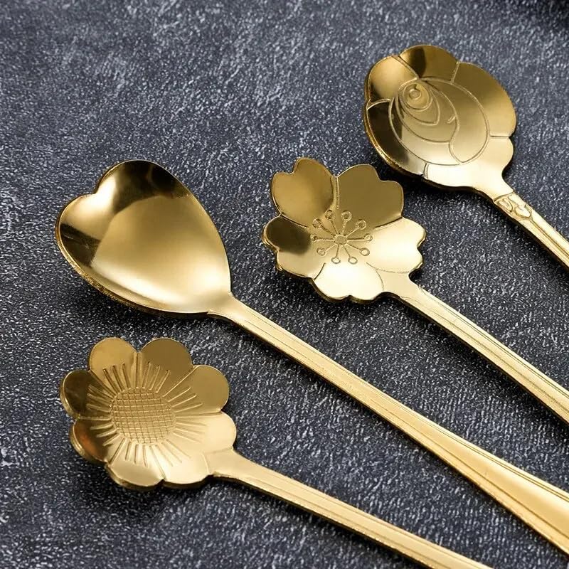 Juego de 6 cucharas de café de acero inoxidable con diseño de cerezo y rosa y flores doradas, regalos de cocina, postre, té, accesorios de decoración de vajilla, 6 piezas doradas