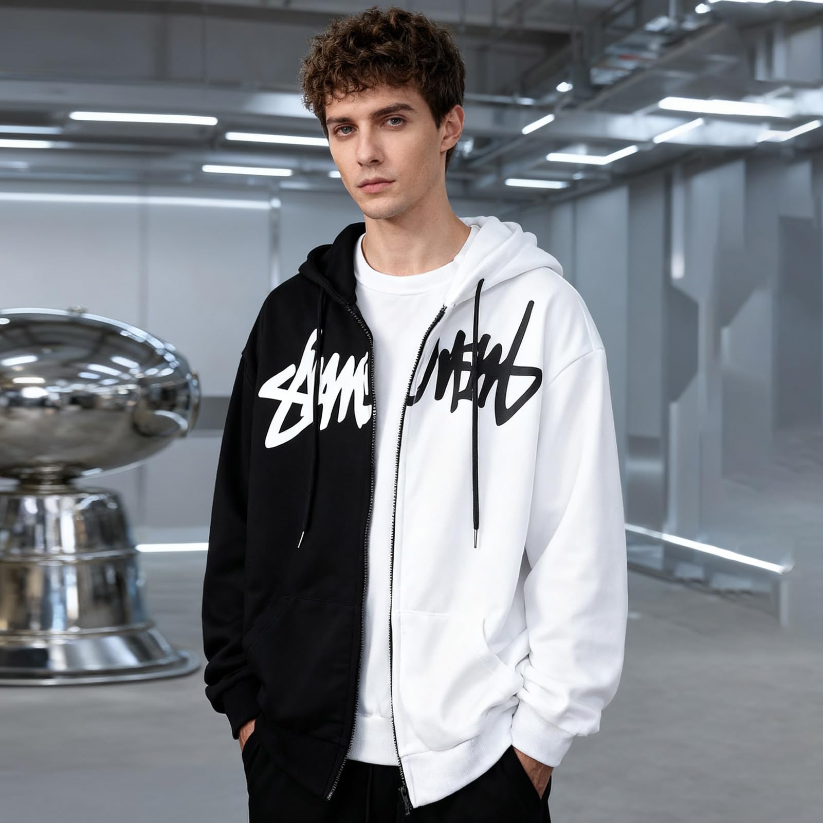 Felpa con Cappuccio e Zip da Uomo Giacca Patchwork | Cotone con Stile di Strada Hip Hop Sweatshirt