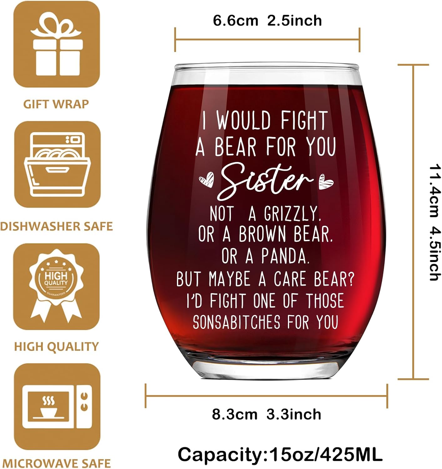 Funny Gift For Sister, Fight A Bear for You 15Oz Stemless Wine Glass, Birthday Christmas Gifts for Her, Women, sister in Law, Soul Sist , Big Sisters, Little sisters -2 ﻿ - Image 3