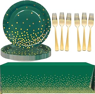 Green and Gold Party Decorations Green Paper Plates Gold Plastic Forks Tablecloth Sets for Christmas Party Decorations
