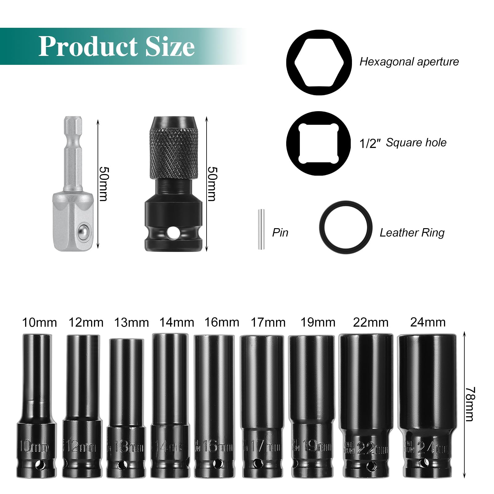 11 slagmoerdoppen 1/2 inch, 10-24mm dopsleutelset 1/2 inch, inbusdopsleutelset voor autoreparaties
