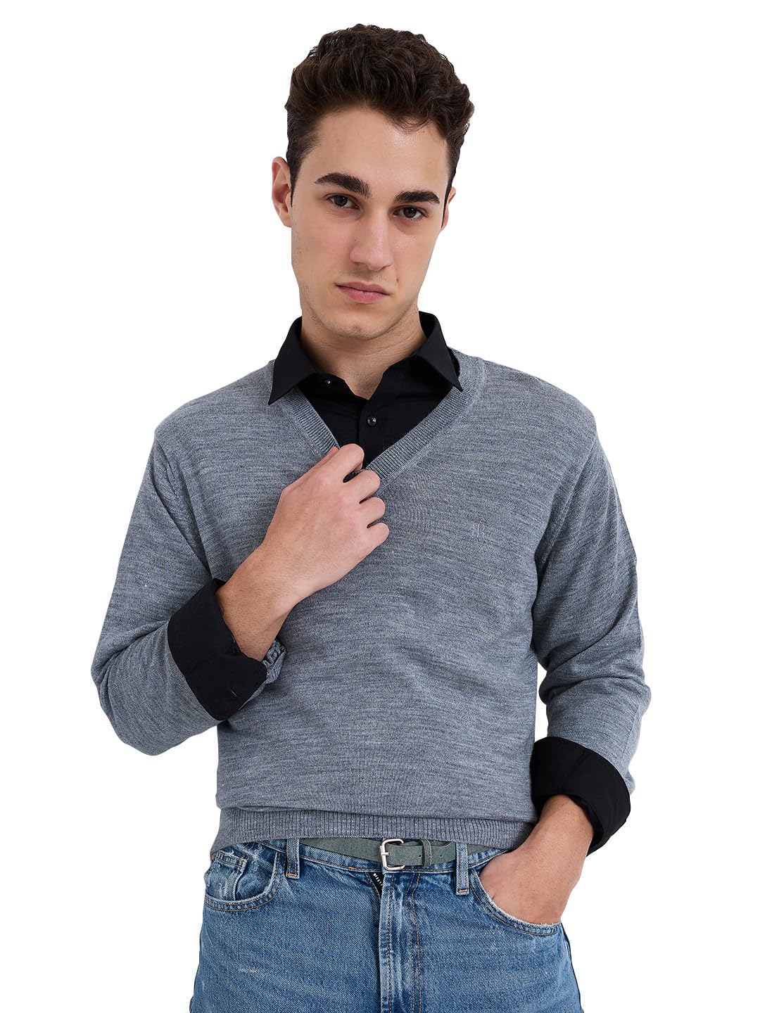 raymond Men Regular Fit Solid Pattern Merino Wool Acrylic Blend V Neck Full Sleeve Casual Winter Wear Grey-picture-21