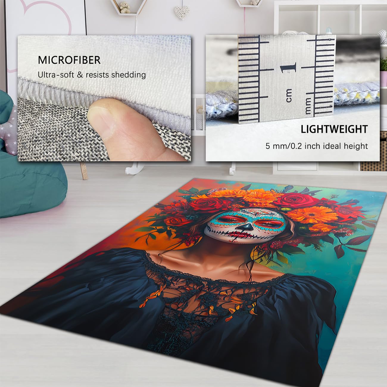 Dywan 120 x 180 cm Dzień Umarłych do salonu Cukrowa czaszka z antypoślizgowym spodem Zmywalna mata Meksykańska Girlanda kwiatowa damska Duży odporny na plamy