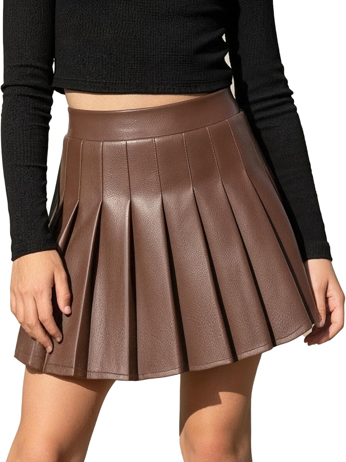 Happy Cherry Girls Faux Leather Skirt Pull on PU Leather Pleated Mini Skirt with Shorts Lined for Toddler Kid Teens