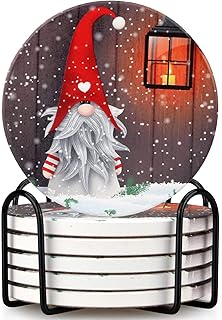 6 Pcs Ceramic Christmas Gnome Coasters with Holder Best Round Absorbent Coasters Gift Xmas Coaster Set for Coffee Table, Drink, Holiday Decor, Living Room, Desk