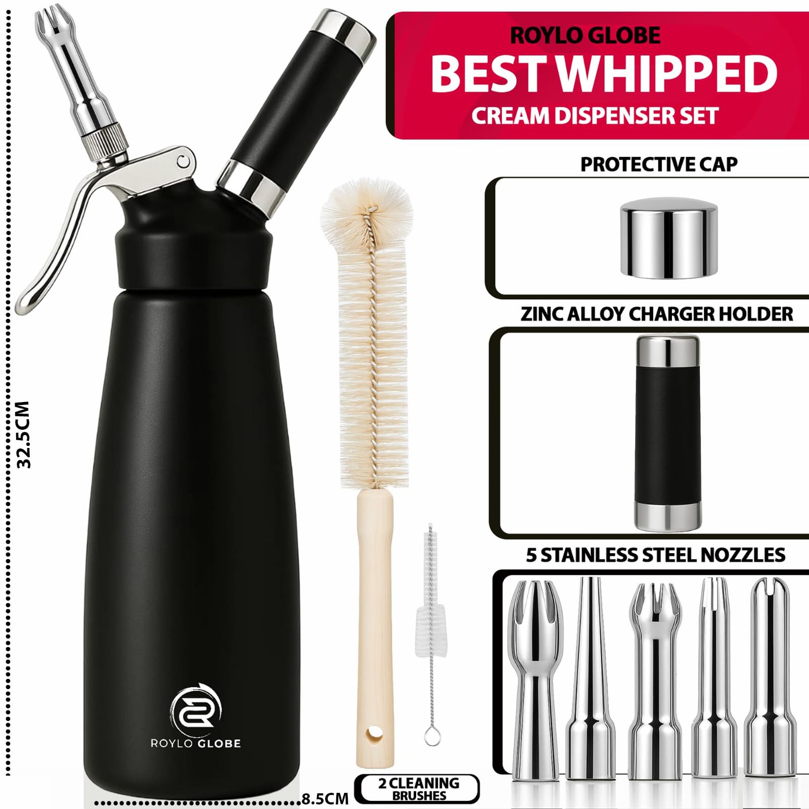 Distributeur professionnel de crème fouettée en aluminium de 500 ml avec 5 embouts de décoration – Machine à crème fouettée avec 2 brosses de nettoyage – Boîte de crème fouettée faite maison robuste