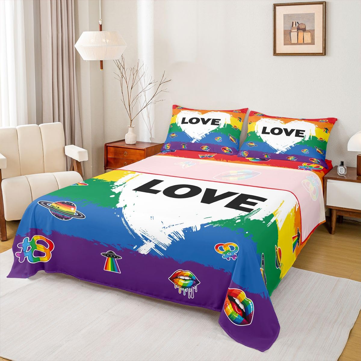 Homewish LGBT zestaw pościeli dumy podwójne geje lesbijki miłość prześcieradła kolorowe geometryczne paski pościel - tęczowe usta planeta prześcieradła zestaw 4 sztuk