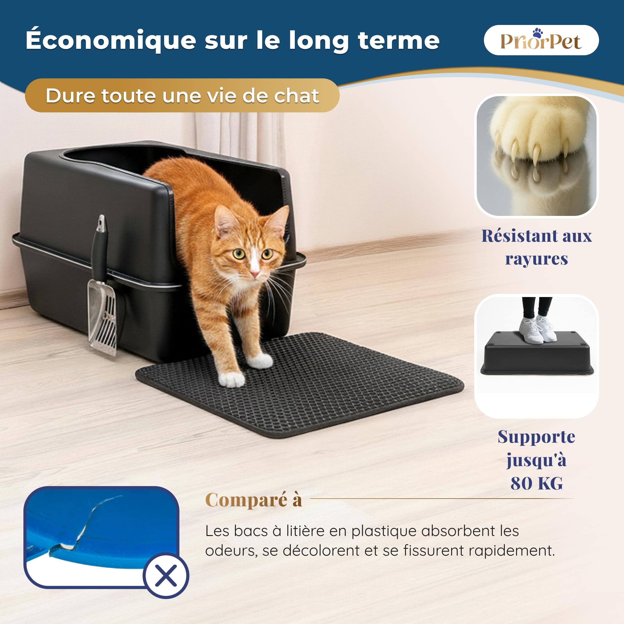 Bac à litière Chat INOX XXL Noir Mat – Facile à Nettoyer, Anti-odeurs – Litière avec Bords Hauts, 38L – Anti-Fuite, antiadhésif – avec Pelle et Tapis