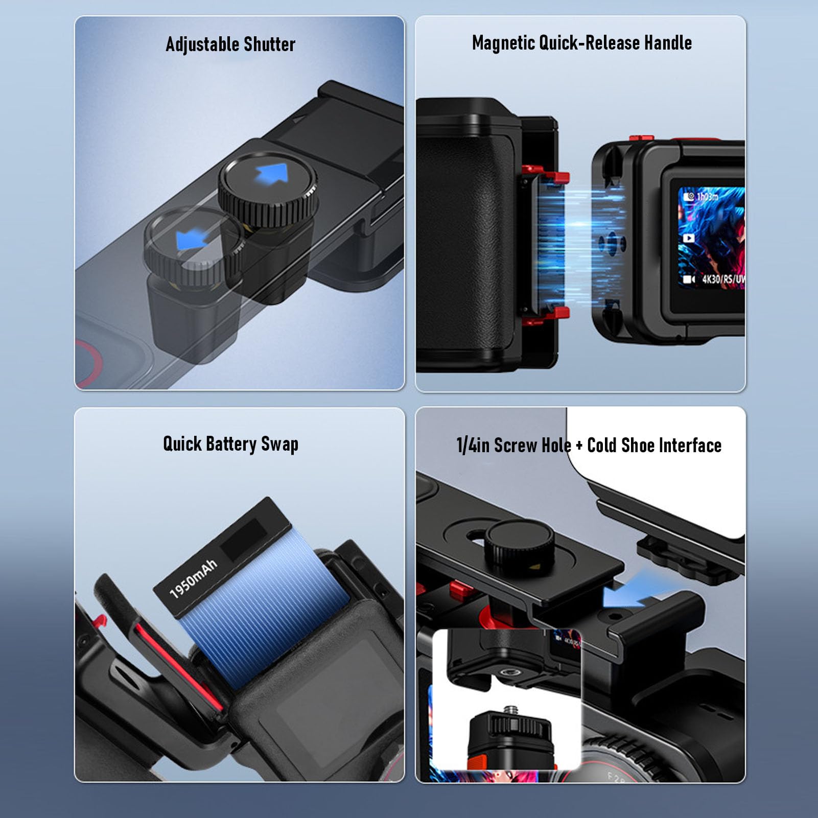 Sxhlseller Kit Impugnatura per Fotografia di Strada per 5 Pro 4 3, Impugnatura Ergonomica Antiscivolo e Gabbia in Lega di Alluminio con Sgancio Rapido Magnetico, per Fotografia All'aperto e