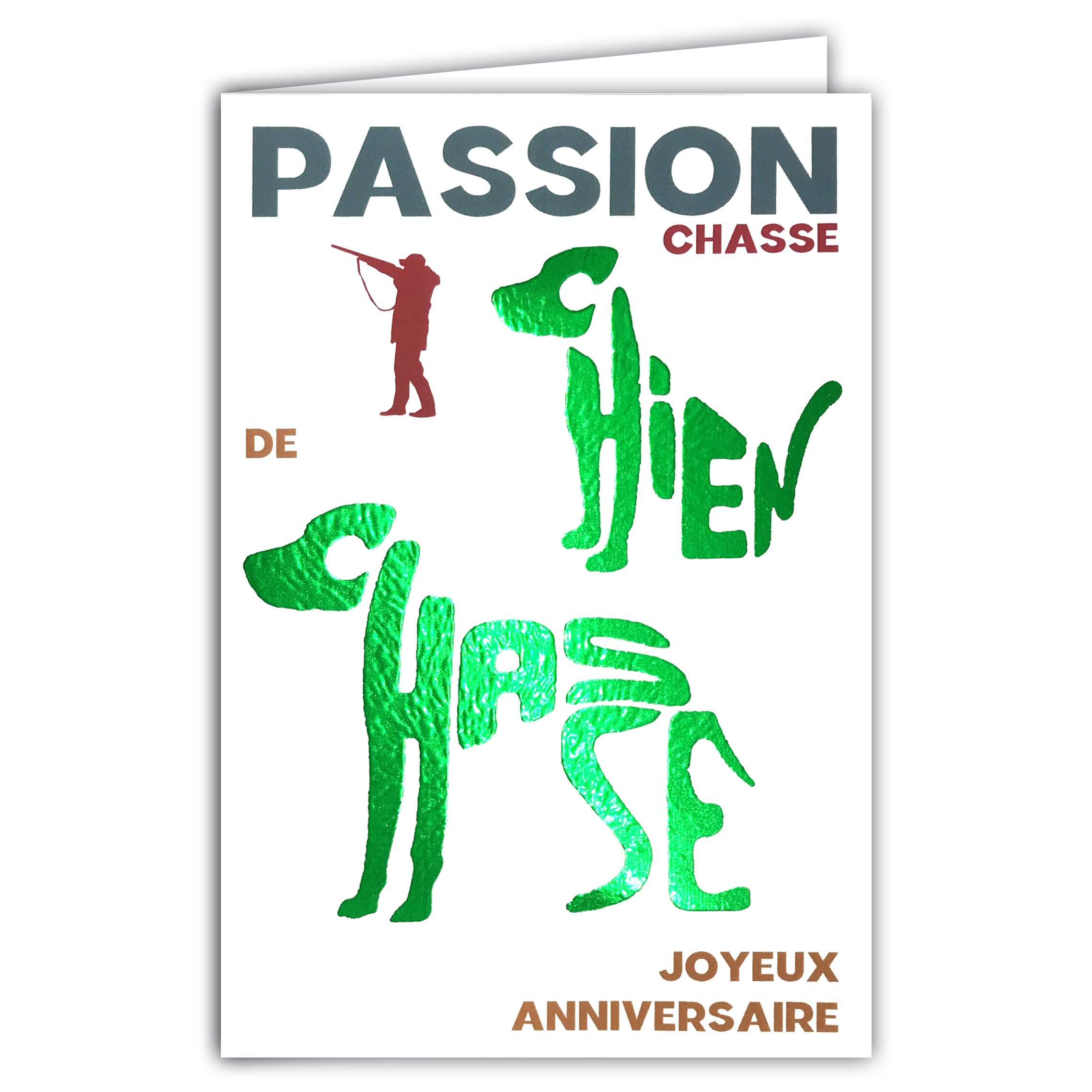 69-9010 Birthday Card + Envelope 12 x 17.5 cm Words Hunting Dog in Glossy Green in the Shape of a Canine Silhouette Hunter Rifle for Nature Enthusiasts – Creation Print Made in France