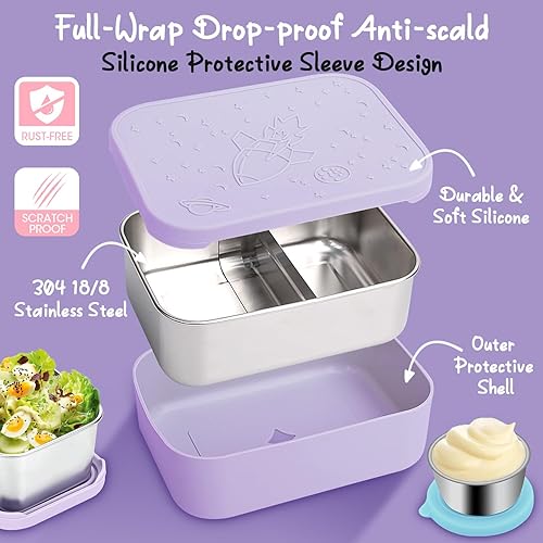 Miniatura 4 de Juego de 3 cajas de almuerzo Bento de acero inoxidable, 28.7 onzas, a prueba de fugas, cajas de almacenamiento de alimentos de metal divididas con