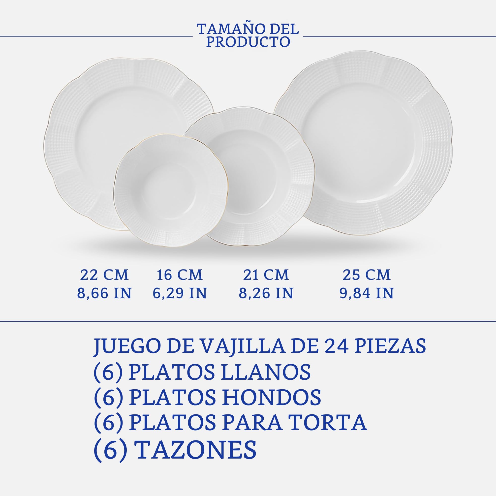 Vajilla De 24 Piezas, Plato De Servir, Plato De Postre, Plato De Cena, Plato De Sopa, Cuenco De Cereal, 6 Personas, Apto Para Lavavajillas, Apto Para Microondas,Porcelana