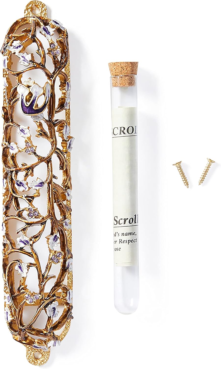 Grapes on Vine Mezuzah Case 6" Décor for Home Door Enamel Made from Strong Materials and Embellished with Crystals Cover for Hebrew Scroll Parchment Handmade Art (Gold | White)