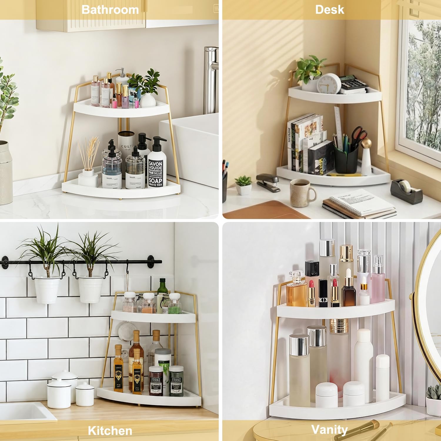 Coffee Bar Organizer for Countertop, 2-Tier Wood Coffee Corner Station, Multifunctional Coffee Bar Accessories and Organizer for Storage, White Gold Corner Condiment Rack for Kitchen, Bathroom Decor