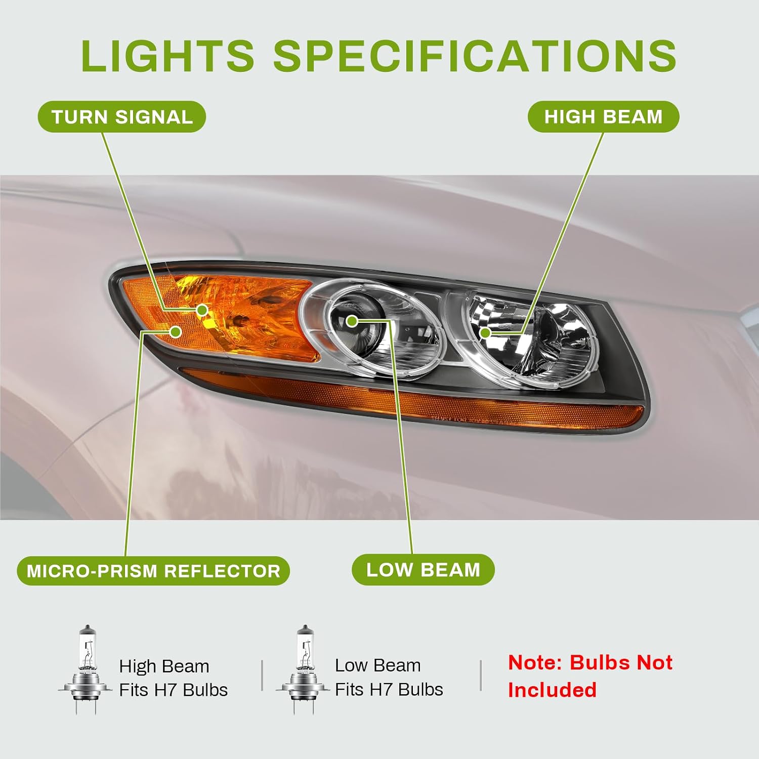 AUTOSAVER88 Headlight Assembly Compatible with 2007 2008 2009 2010 2011 2012 Santa FE 6 Pin 07-12 Headlamp Replacement Driver and Passenger Side Black Housing Clear Lens Amber Reflector