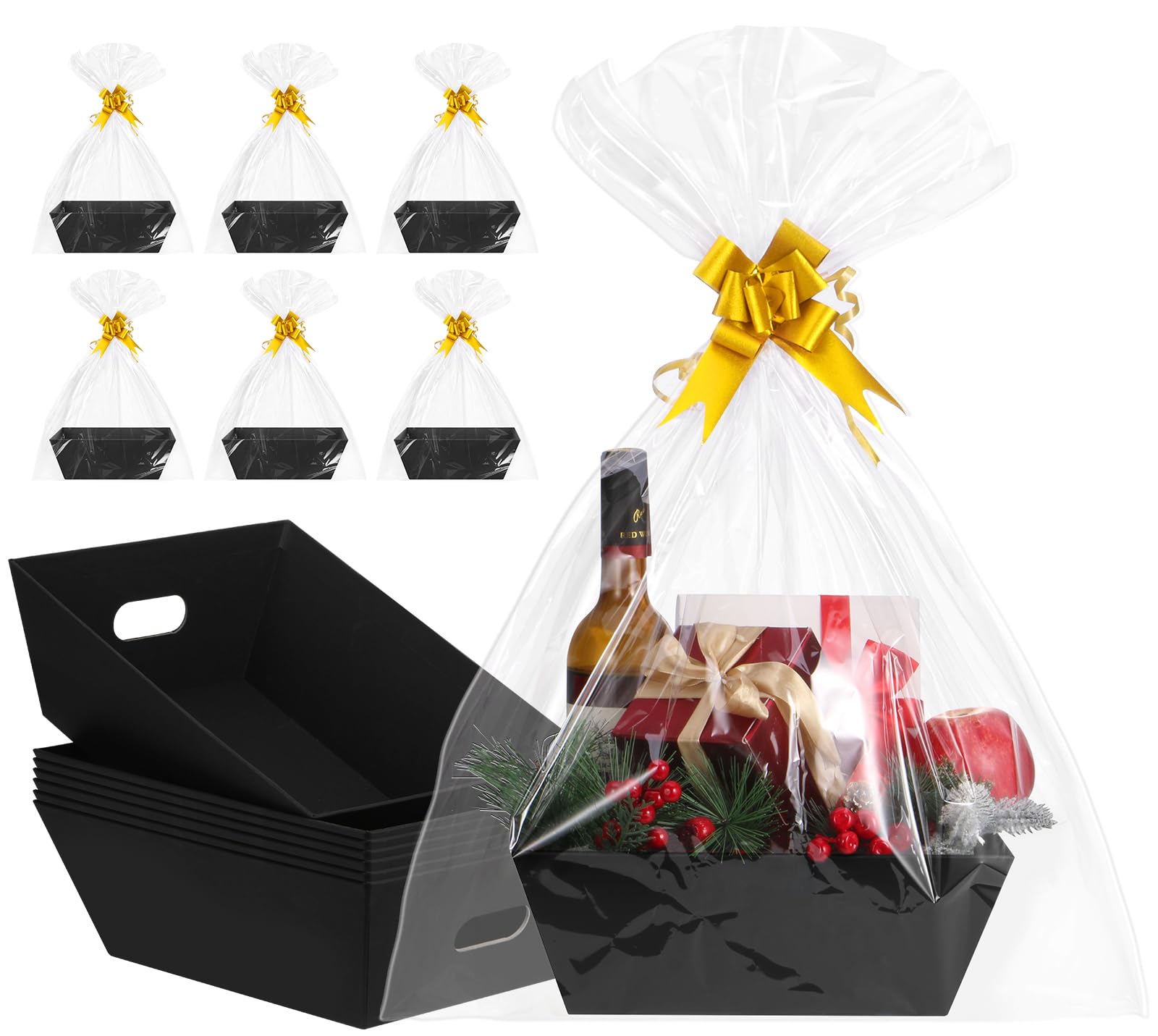 10PACK Black Baskets For Gifts Empty, 10x12”Thick Kraft Gift Basket with 10 Bows 10 Bags Empty Gift Baskets for Christmas, Easter, Birthdays, Snacks, Farmers Market