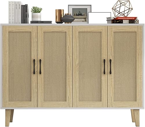 Miniatura 4 de Panana Gabinete de almacenamiento de buffet con decoración de ratán de 4 puertas, sala de estar, cocina, aparador de 48.43 x 34.65 x 15 pulgadas