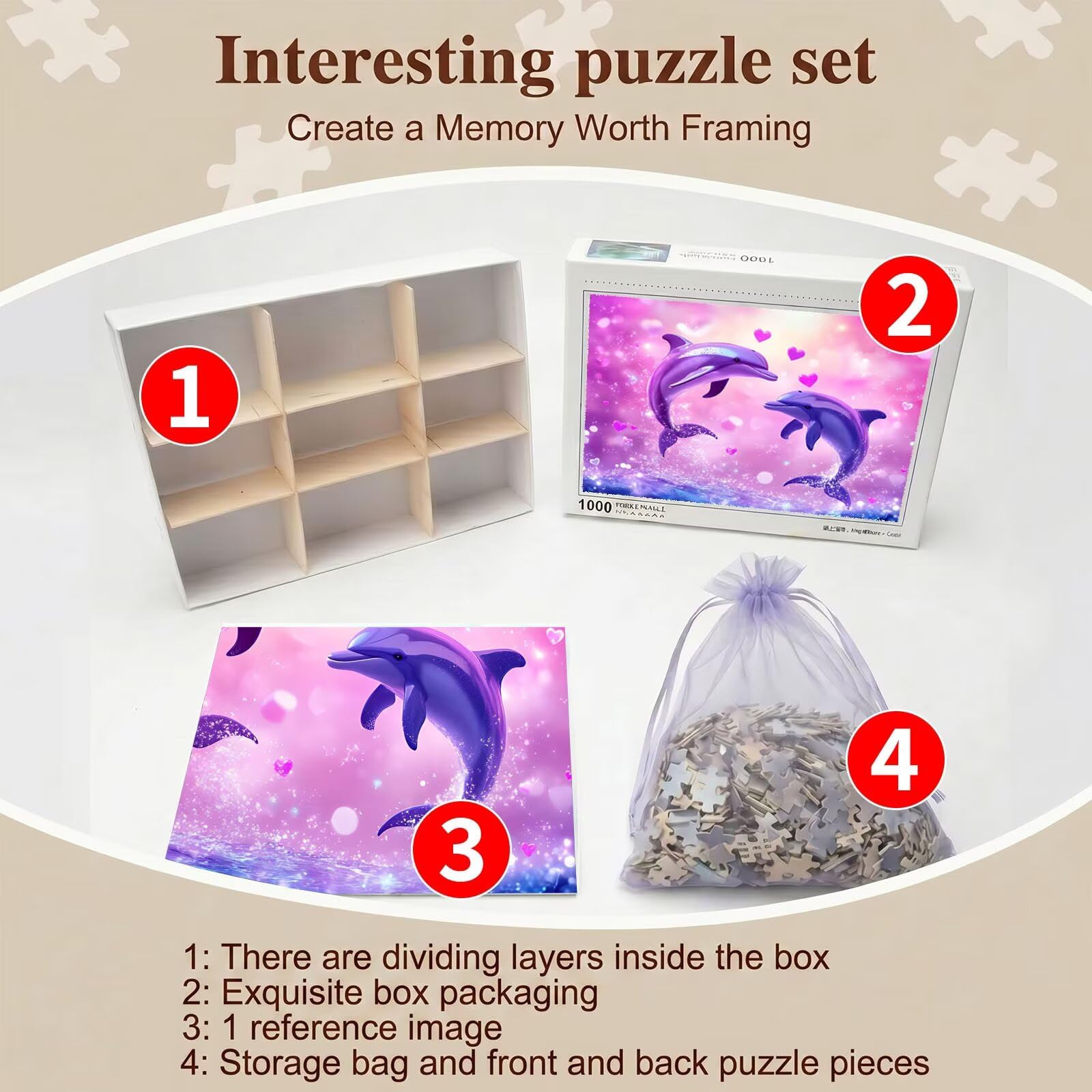 sen delfin Puzzle 1500 sztuk, drewniana gra planszowa rodzinna - puzzle dla dorosłych dla całej rodziny, puzzle edukacyjne DIY i antystresowe - z mapą referencyjną, 87 x 57 cm f0-768