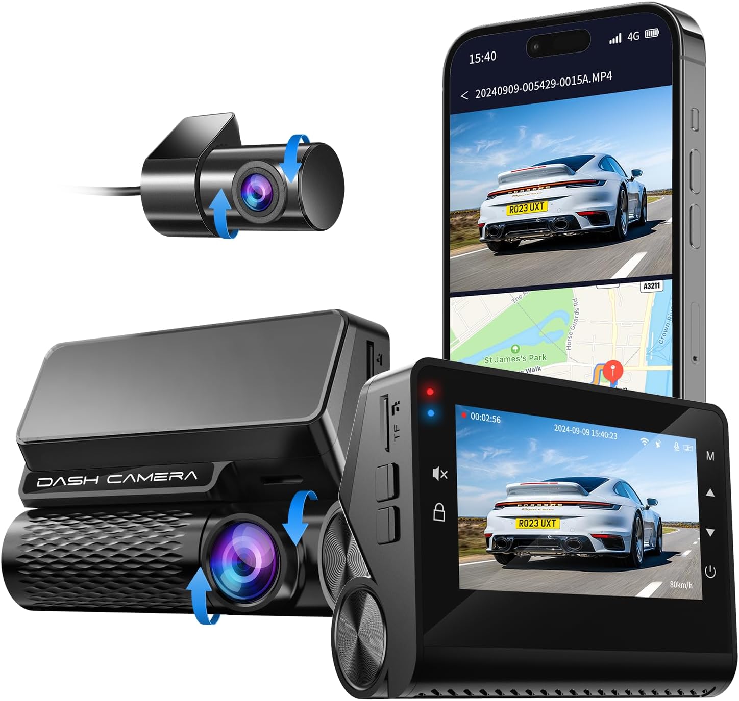 4K Dash Cam Front and Rear, 30FPS Dash Camera for Cars with UHD 2160P Night Vision, 3” IPS Screen Dual Dashcam Built-in WiFi with GPS, App Control, 24H Parking Mode, G-Sensor