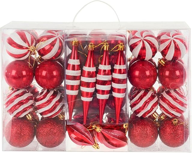 Mr Crimbo 72 Piece Christmas Tree Baubles Set Xmas Decorations Mixed Designs - Red White