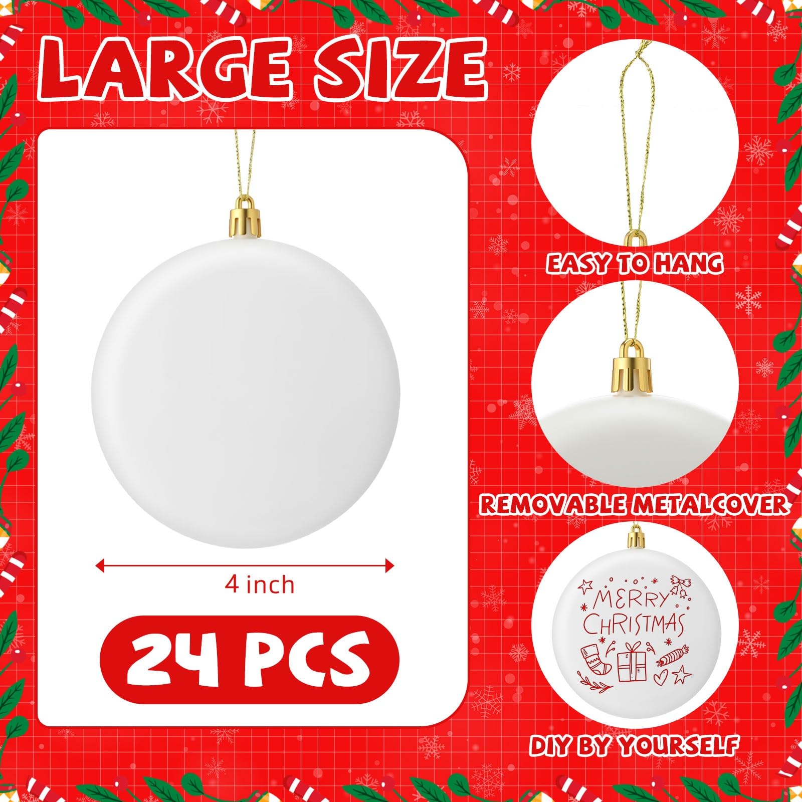 Zubebe Zubebe Lot de 24 boules de Noël vierges en plastique pour suspendre au sapin et peinture à faire soi-même (doré) - 10,2 cm