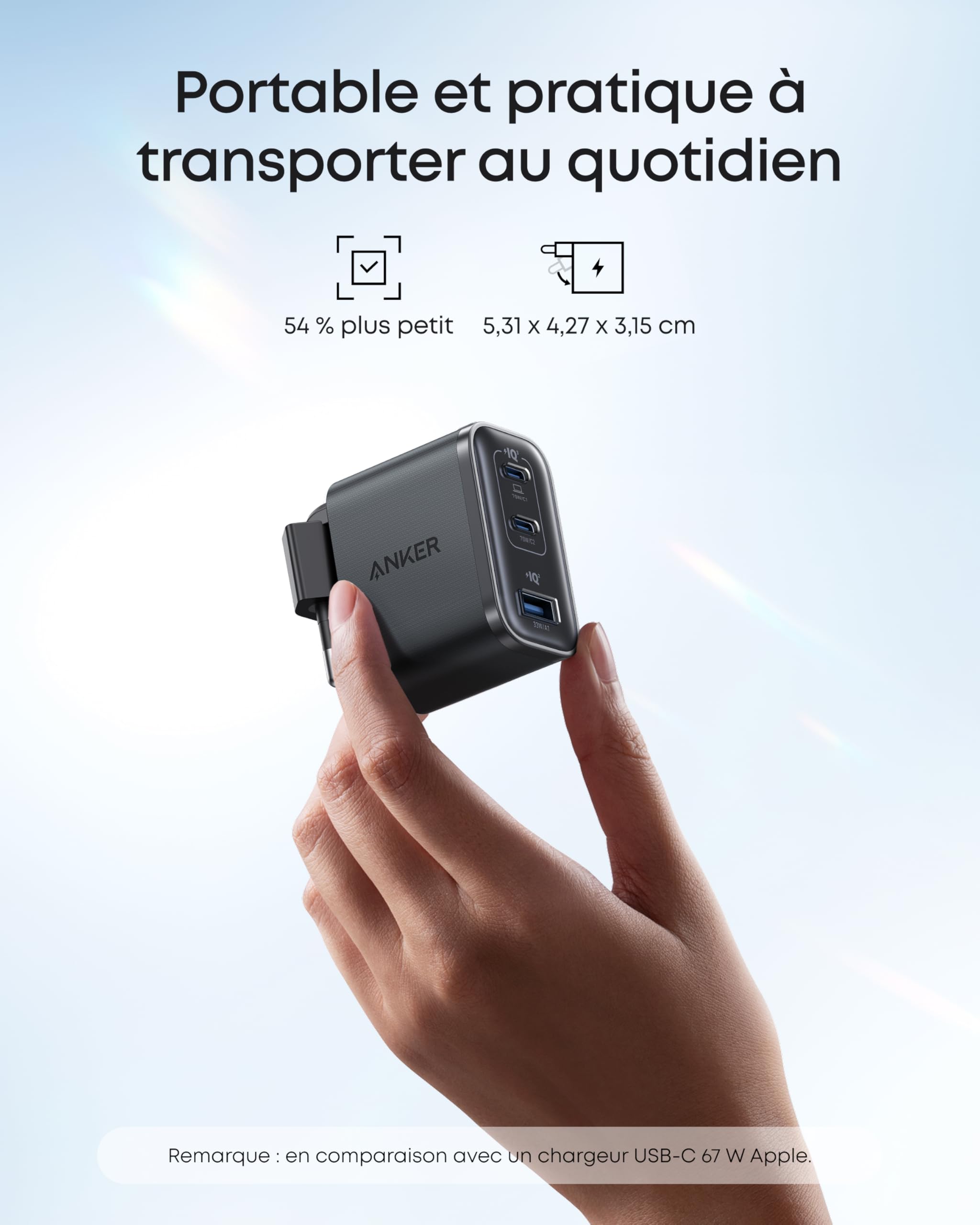 Anker Chargeur USB C 70W Nano 3 Ports, Recharge Rapide Ordinateur Portable avec Sortie UltraFast, Compact et Élégant, pour iPhone 17 16 15, MacBook Air, iPad, Pixel, Galaxy, et Autres (Câble Inclus)