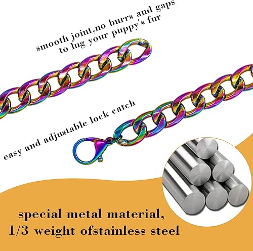 Miniatura 6 de Collar de cadena de perro arcoíris de 34 pulgadas (0.787 in) de ancho, collar duradero de eslabones cubanos para perro, bonito collar de moda para