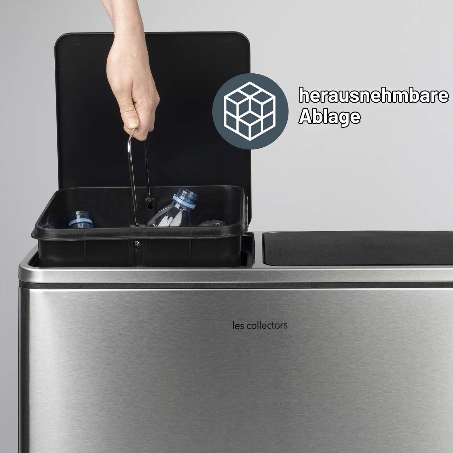 Les Collectors Mülleimer N°904, 60 L, passend für 30–60-Liter-Säcke, 2 Fächer 30 L, Küchen-Tretabfalleimer Edelstahl, Fassungsvermögen, herausnehmbarer Inneneimer, elegantes Design, Silber