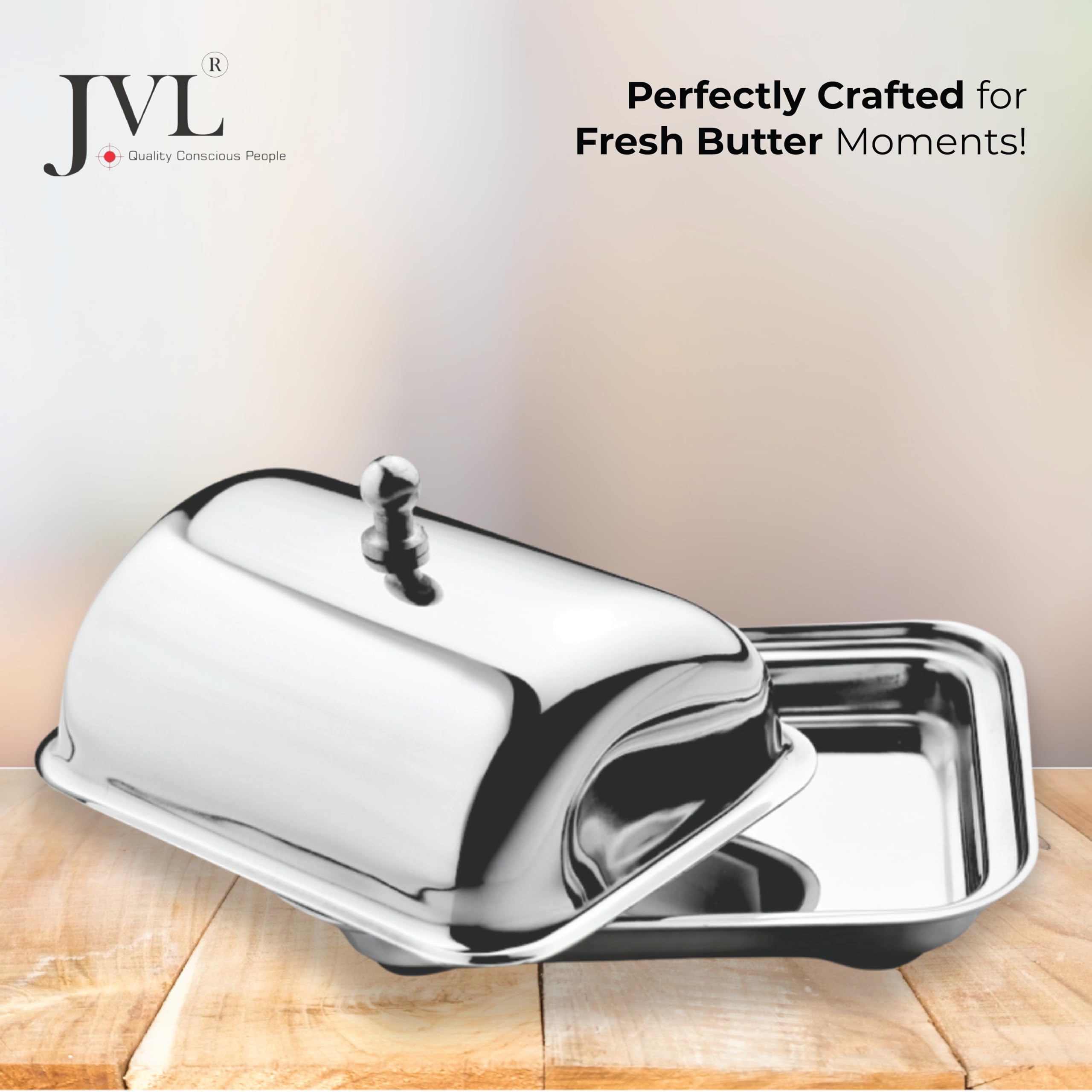 JVL Stainless Steel Butter Dish with Lid & Knob, Anti-Slip Base, Hygienic, Rust-Resistant Butter Container for Refrigerator & Table Use - 250g 3