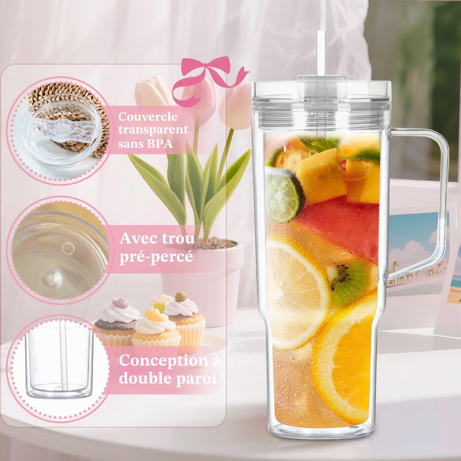 Lot de 4 gobelets à neige en acrylique transparent à double paroi pré-percés pour boule à neige pailletée 1200 ml