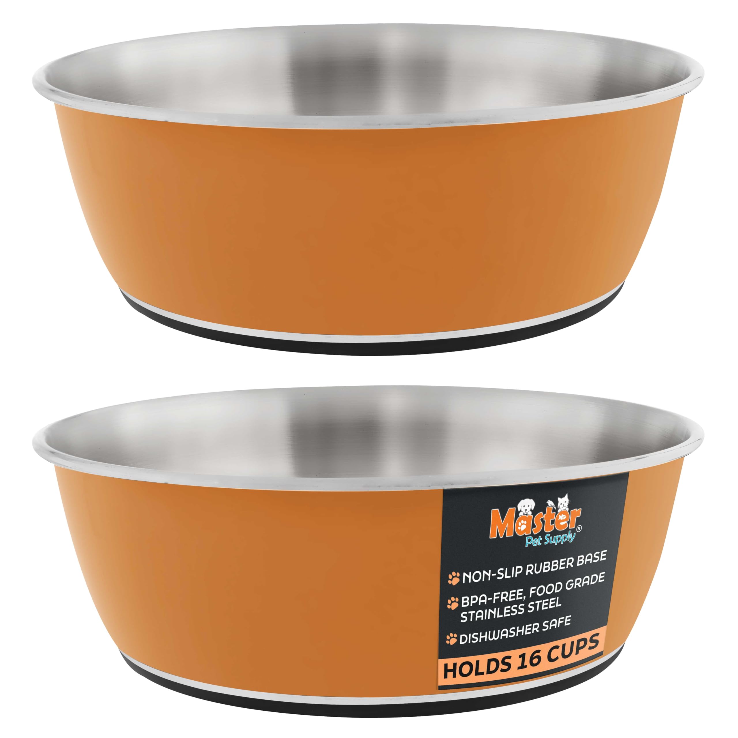 Master Pet Supply Stainless Steel Dog Bowls Set of 2 (128 Oz Each) with Non-Slip Rubber Base - Mango Tango - Basic Dog Food Bowl Water & Food Bowls for Small Medium Large Dogs & Cats, Metal Dish