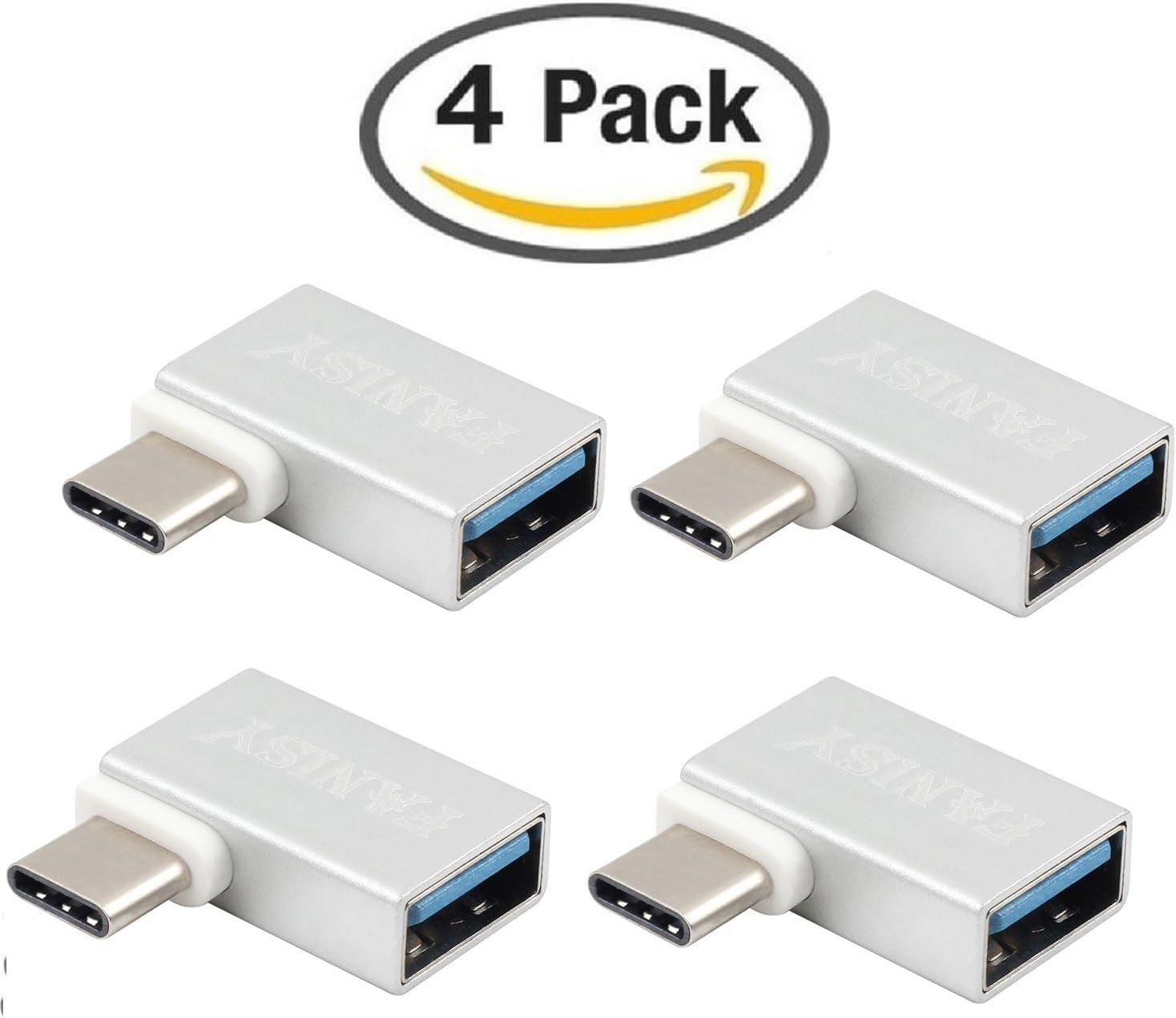 Type C Adapter OTG for MacBook Pro 4 USB-C Ports Side by Side,FANISY Angled 90 Degree USB C 3.1 to USB-A 3.0 Adapter Aluminum (4-Pack) for Samsung Galaxy Note 8, S8 etc (Silver)