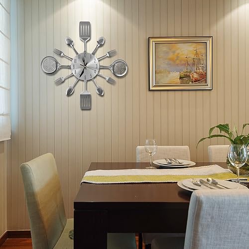 Miniatura 6 de Relojes de pared de cocina de 16 pulgadas con esfera de tenedor y cuchara, movimiento silencioso a pilas, gran decoración de pared y regalos para