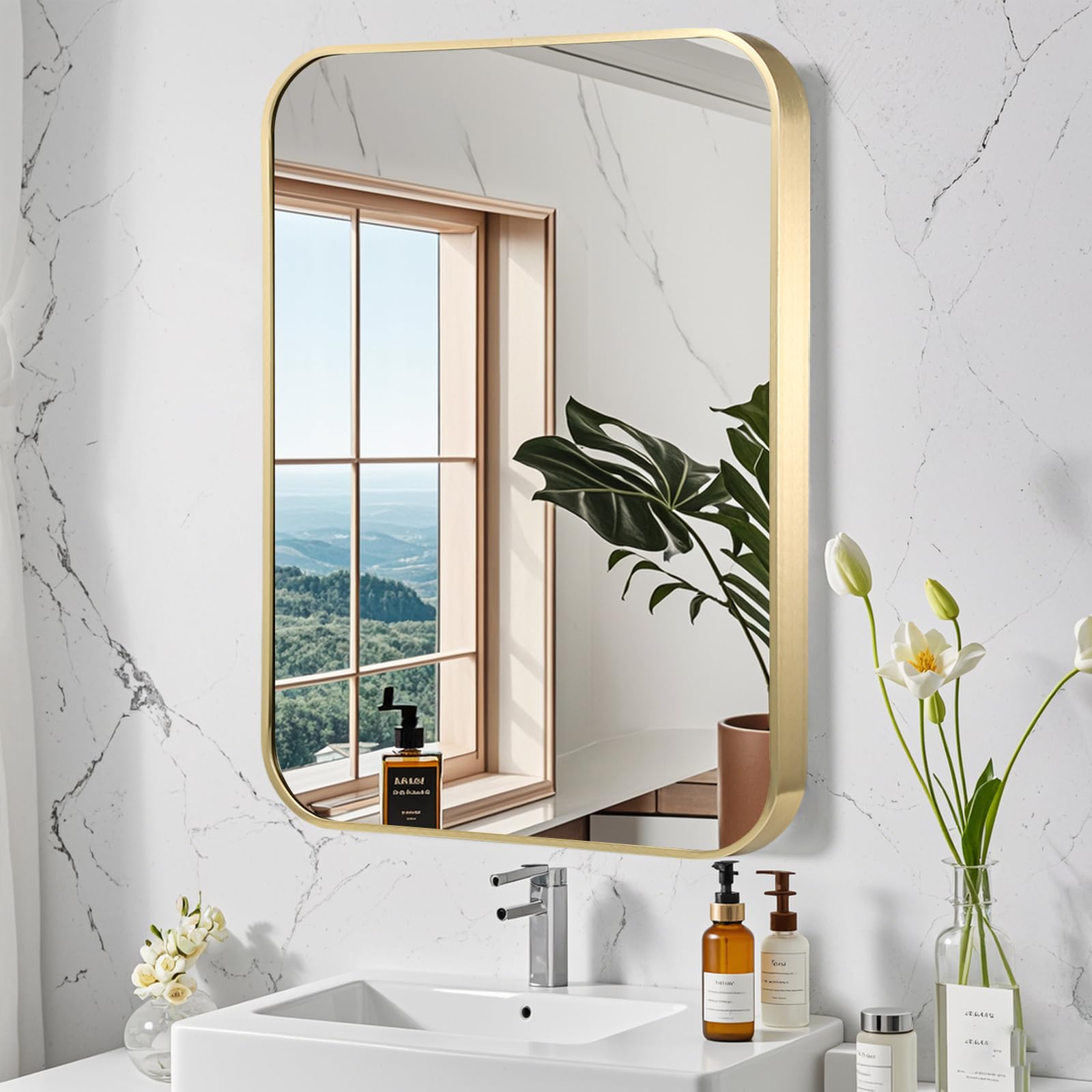 FARMER 30x36 Inch Gold Bathroom Mirrors for Wall, Brushed Brass Bathroom Vanity Mirror with Rounded Edge, Metal Framed Rectangle Mirrors for Bathroom or Living Rooms, Hangs Horizontally or Vertically