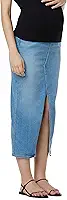 Saia jeans midi para gestantes com fenda frontal