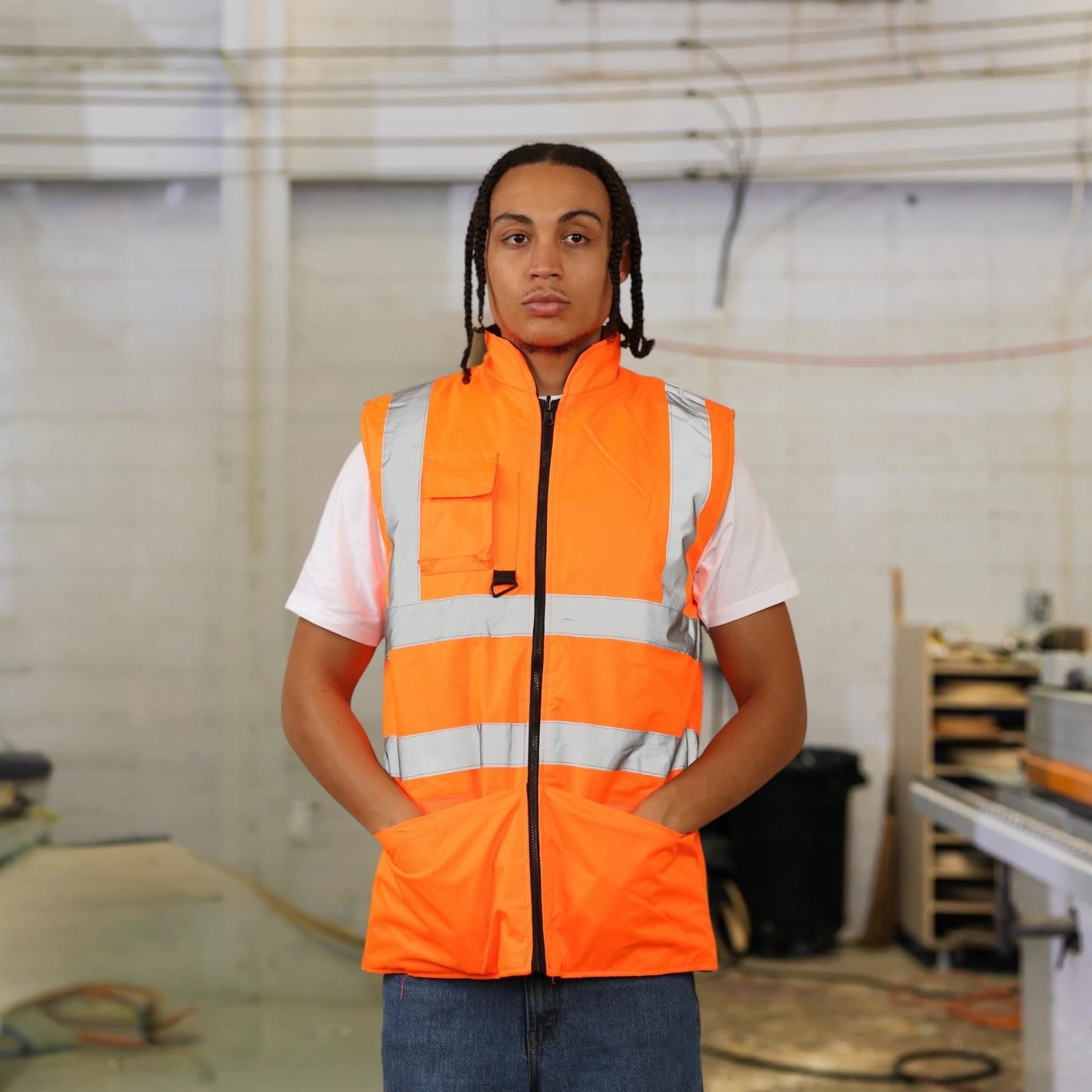 Chaleco de alta visibilidad con forro polar reversible de alta visibilidad para hombre, ropa de trabajo, chaleco de seguridad sin mangas de alta visibilidad con dos bolsillos, soporte para