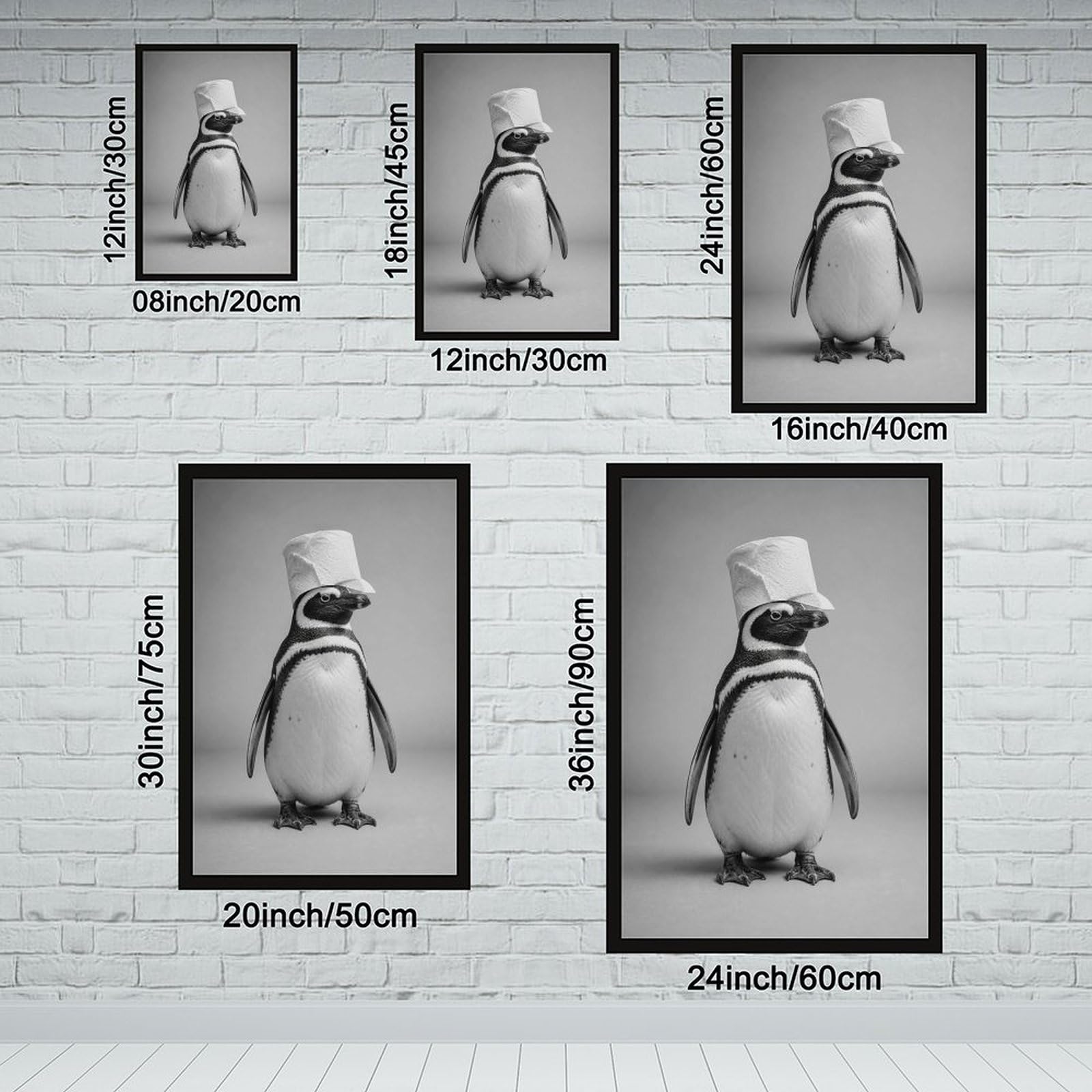 Minimalistischer, einfarbiger Pinguin mit Toilettenpapierhut, schlichter grauer Hintergrund, Leinwand-Kunst-Poster, humorvoll, niedlicher Tier-Porträtdruck, Neuheit, Wanddekoration für Badezimmer