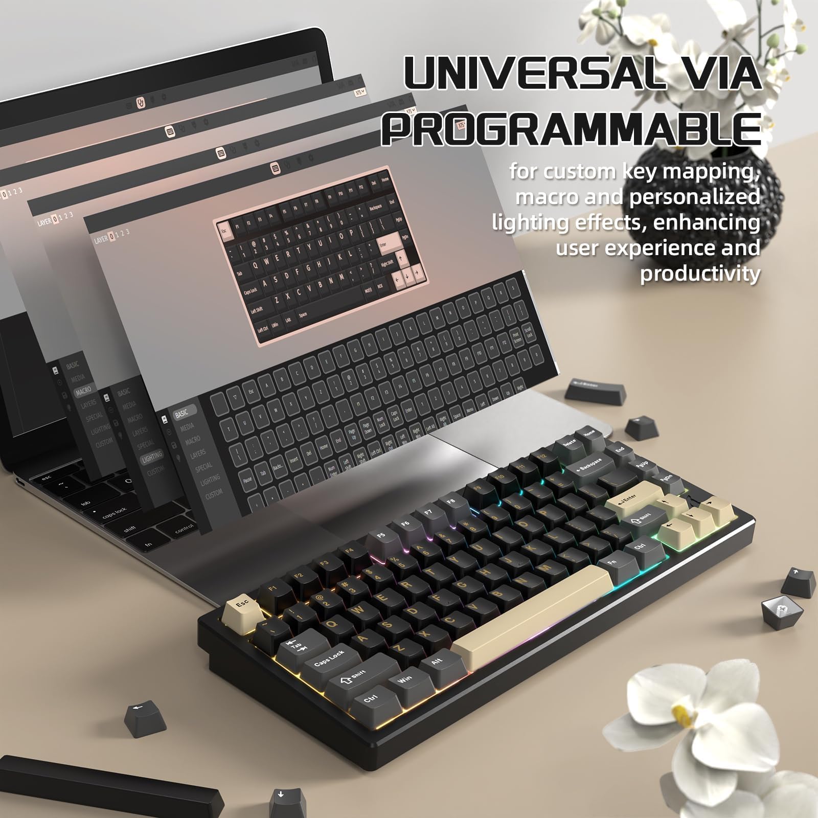 ATTACK SHARK X75 VIA Con Tastiera Meccanica Wireless in Alluminio Completo, BT/2.4GHz/USB-C Cablate, Hot-Swap Interruttori Lineari RGB, Layout 75% QWERTY Con Imbottitura a Cinque Strati -Nero