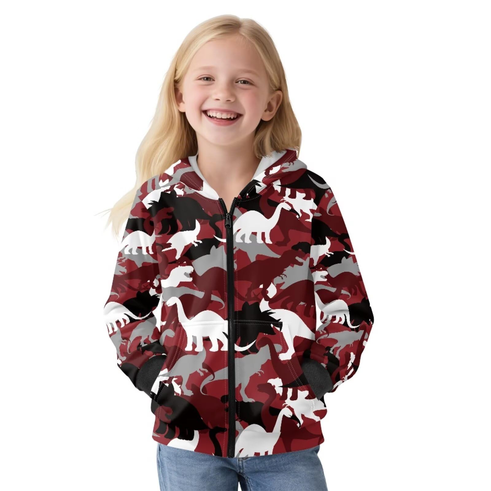 Xoenoiee Dziecięce bluzy z kapturem dla chłopców, zapinana na zamek, bluza 3D, fajna grafika zwierzęca, sweter z długim rękawem, top na jesień i zimę, Czerwone abstrakcyjne dinozaury, 12-14 Years