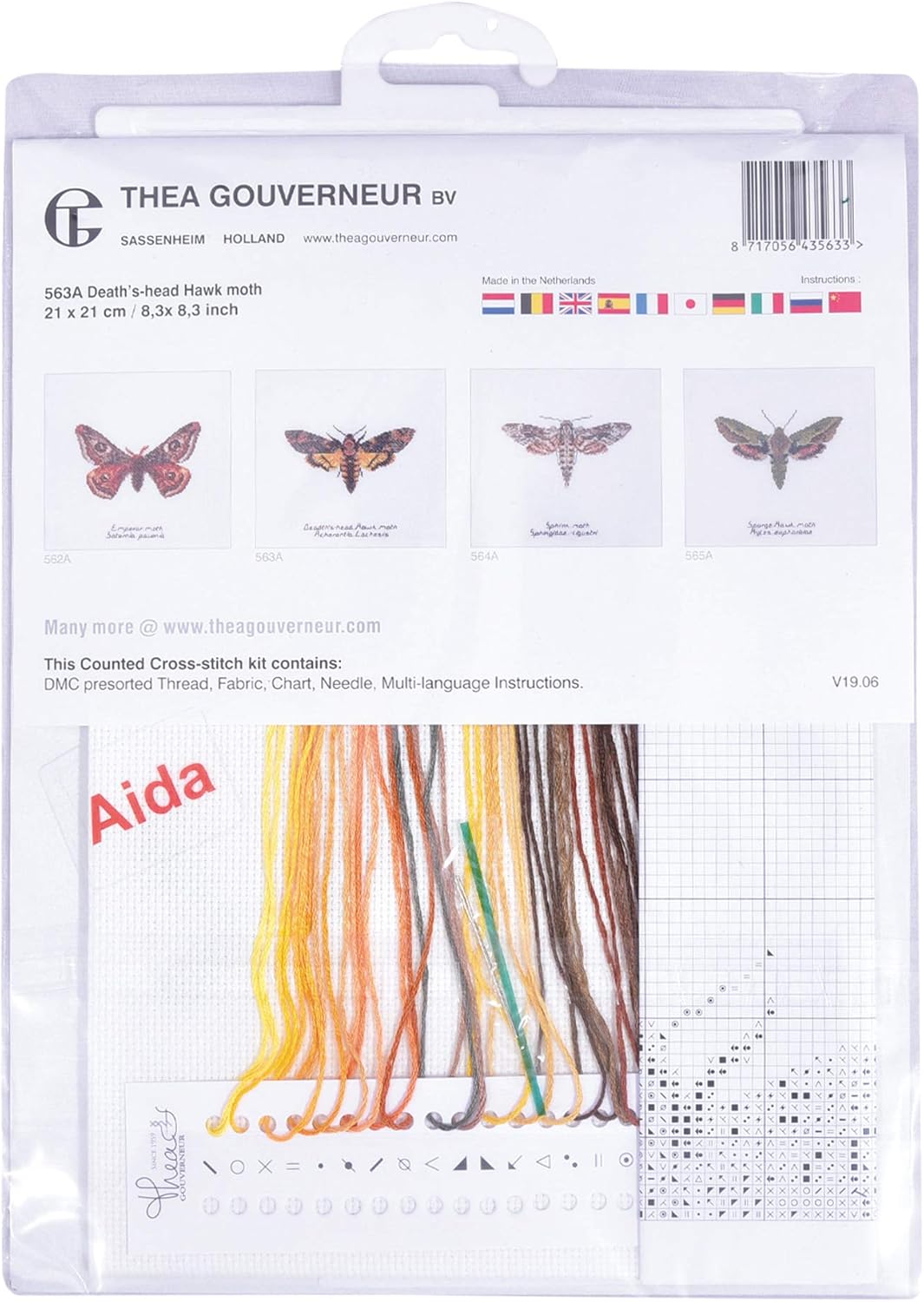 Thea Gouverneur - Counted Cross Stitch Kit - Death's-Head Hawk Moth - Aida - 16 Count - Embroidery Kit for Adults - DMC Embroidery Threads and Other Cross Stitch Supplies Included - 563A