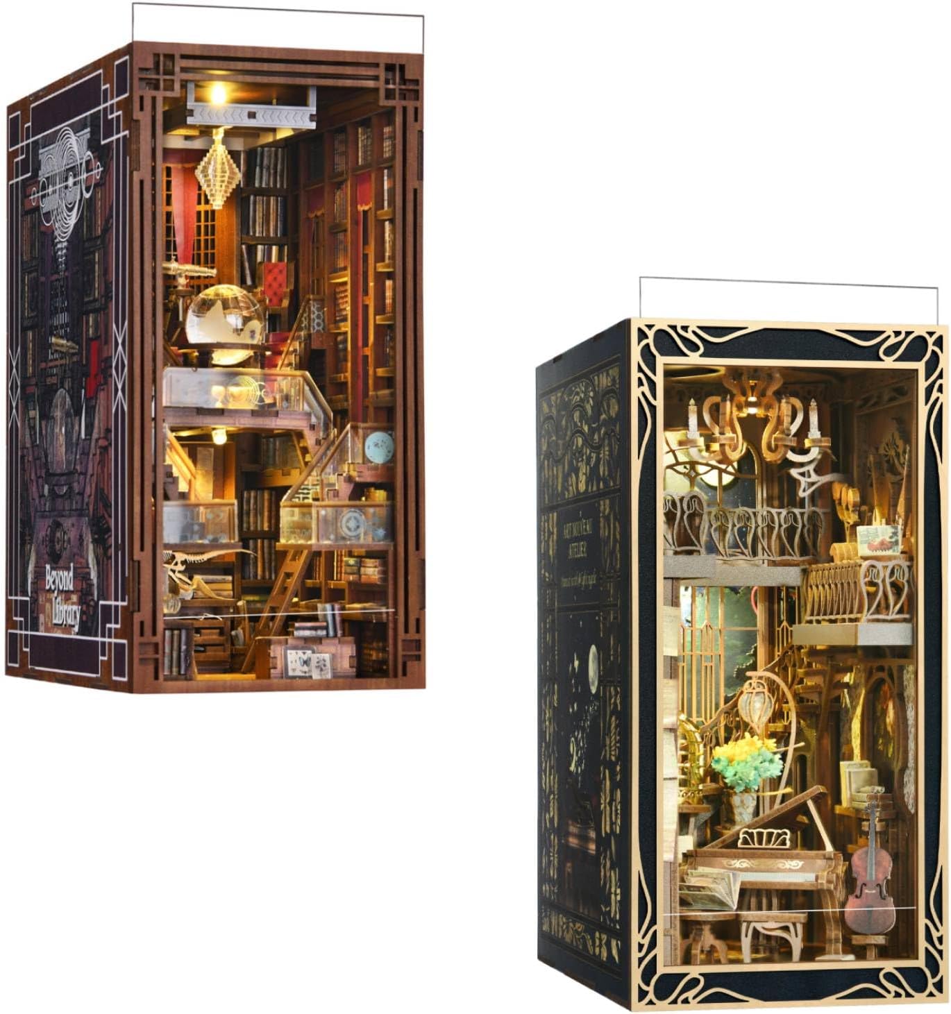 MiniCity Book Nook Kit, DIY Miniature Dollhouse Booknook Kit, 3D Wooden Puzzle Bookend Bookshelf Insert Decor with LED Light for Teens and Adults