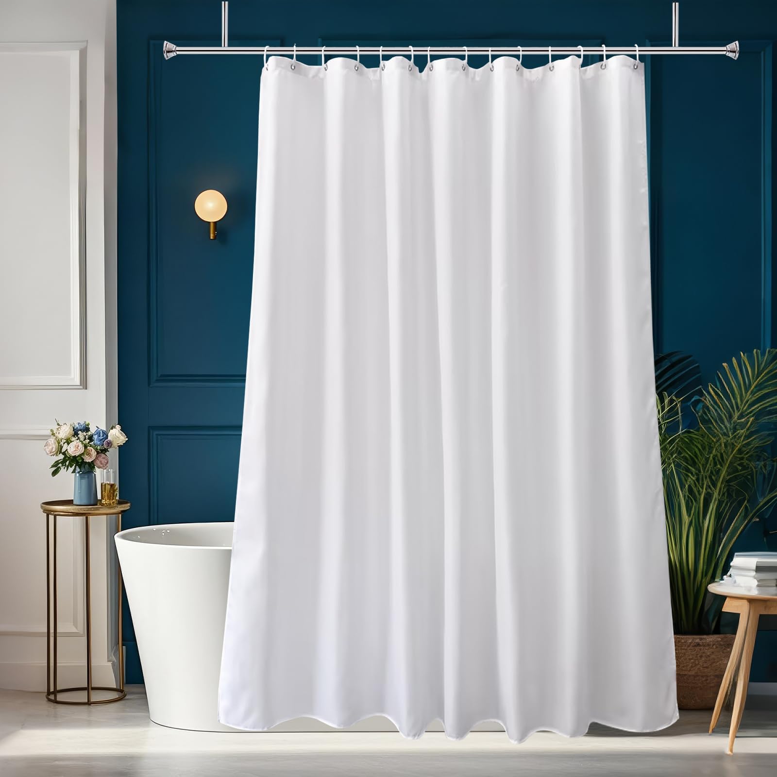 UIYIUI White Shower Curtain Liner 41X63in/105x160cm/WxH Solid Color Waterproof Polyester Fabric Shower Curtains for Bathroom Decor, Hotel Quality Lightweight Bathroom Curtain with Hooks