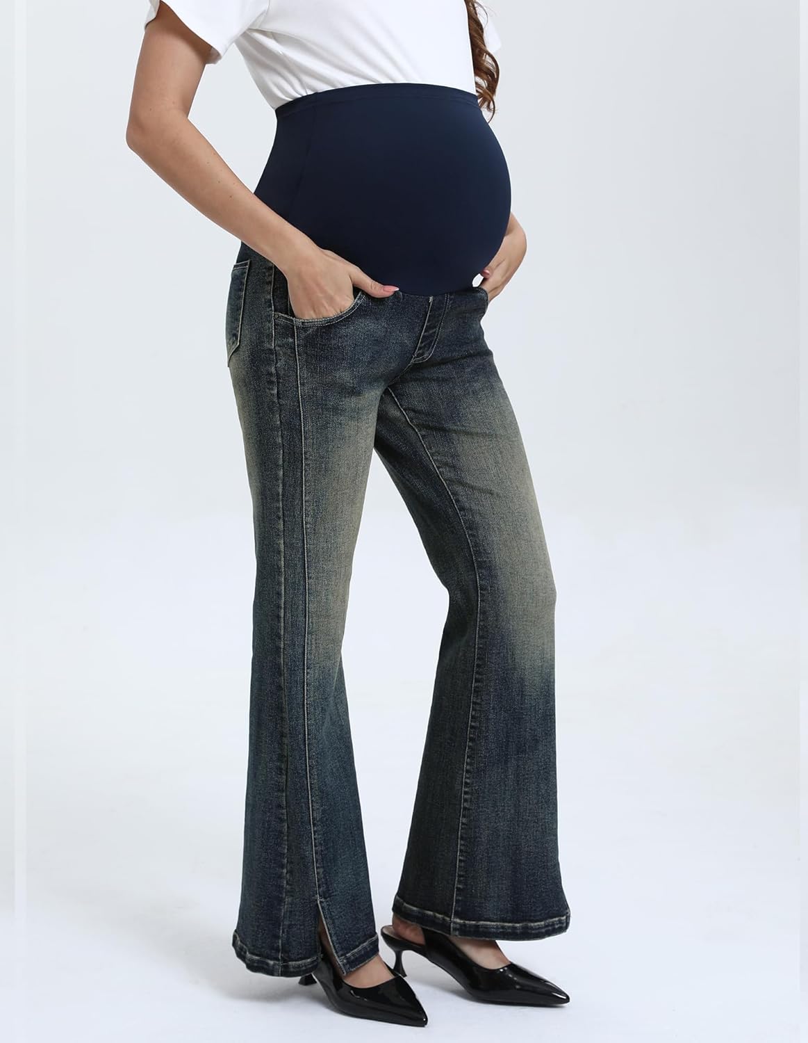 Women's Maternity Flare Jeans High-Waist Stretchy Over Belly Bootcut Denim Pregnancy Pants with Patch Pockets - Image 6